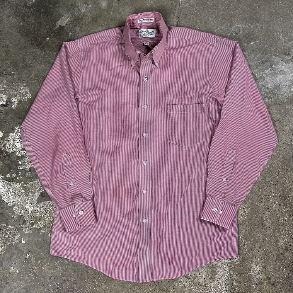 Vintage 80s Sears Roebuck Button Down Shirt Size 15.5 Red Pinstripe Long Sleeve